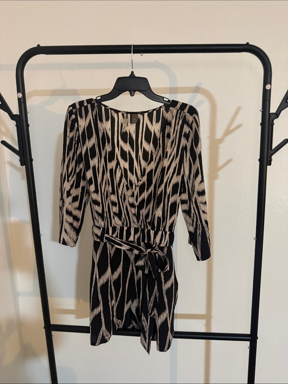 Womens Black and Cream V-Neck Wrap Romper with Waist Tie